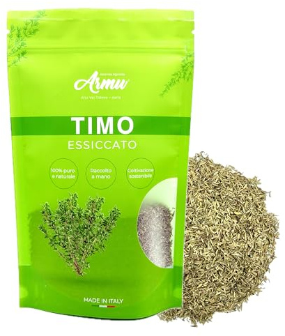 Armu - Timo Essiccato 50 g - Origine Italia - Timo Sfuso per Tisana, Infuso e Cucina - Raccolta Manuale, Essiccazione Delicata, Lavorazione Artigianale