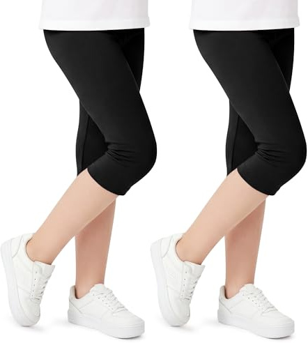 Domueay Girls 3/4 Length Cotton Capri Leggings 2 Pack Black Pants 7-8 Years