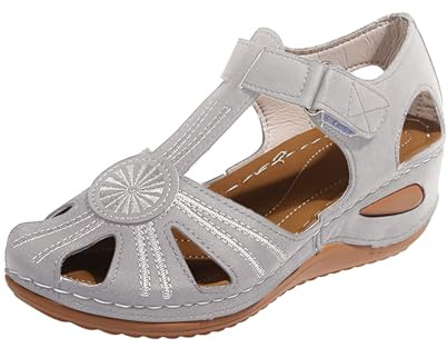 Generisch Sandalias de Verano Mujer 2025 Punta Cerrada Cómoda Elegante Sandalia Bohemia Correa de Tobillo Antideslizante Hueca Tacón Cuña Transpirable Soporte Arco, gris, 40 EU
