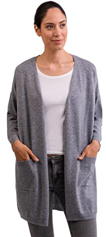 Cardigan Long et Droit en 100% Cachemire pour Femme - Cardigan Long à 2 Fils, Gris, XL