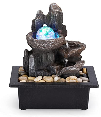 Tabletop Fountain Rotating Ball Rock Waterfall Fountain Office Tabletop Fountains for Home Office Decor Includes Many Natural River Rocks Decorated with Colorful Lights and Rolling Ball