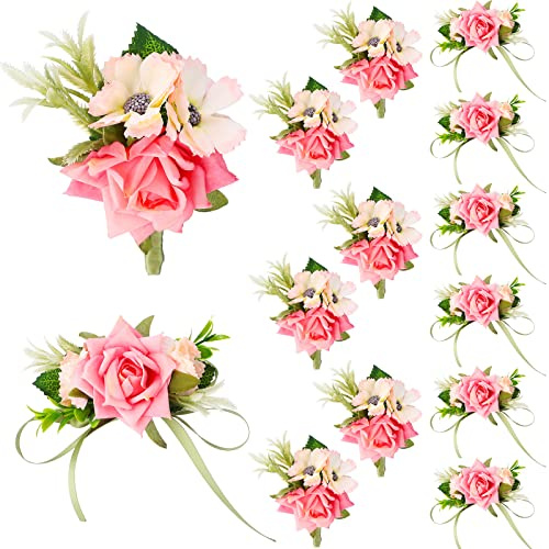 Jexine 12 Pcs Boutonniere and Corsage for Wedding Party Flower Wrist Corsages with Pins for Men Women Groom Bride Groomsmen Prom Ceremony Anniversary Dinner Decor (Pink)