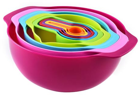 Plastic Nesting Bowls, Colorful Kitchen Mixing Bowl with 1 Filter Bowl, 1 Measure Cup, 1 Sieve and Small Spoons for Food Preparation (10 Pieces)