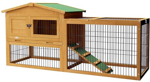 PawHut Rabbit Hutch Outdoor Wooden Guinea Pig Hutch 150x 52.5x68 cm Yellow