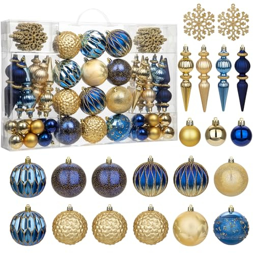 Weihnachtskugeln Set 92-teilig – Bruchsichere Christbaumkugeln Ornamente in Blau & Gold – Weihnachtsbaumkugeln Weihnachtsdeko für Tannenbaum, Kranz Weihnachtsdekoration