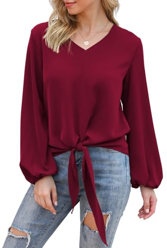 Anelune Chemisier ample en mousseline de soie avec nœud sur le devant et manches longues et col en V pour femme, tailles S à 2XL, rouge vin, XL