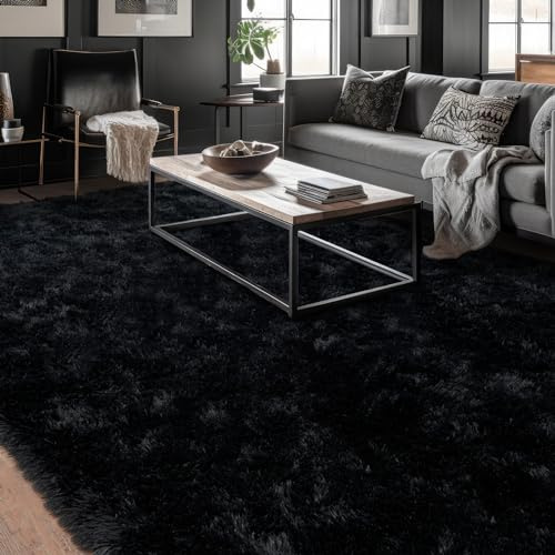 Dssimo Super Fluffy Area Rugs 8x10, Big Modern Shag Black Rug for Living Room, Soft Plush Large Bedroom Under Bed Carpet for Kids, Non Slip Boys Girls Room Home Decor for Dorm Nursery Classroom