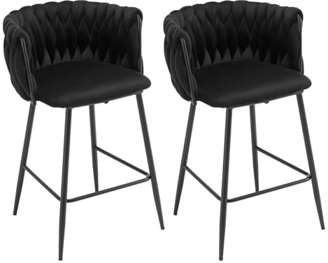 EUGAD Barhocker 2er Set, hoher Hocker Samt, Barstuhl mit gewebter Rückenlehne, gepolsterter Küchenhocker mit Fußstütze, Bistrohocker Tresenhocker, für Bar Café Küche Wohnzimmer, Schwarz, 1081BY-2