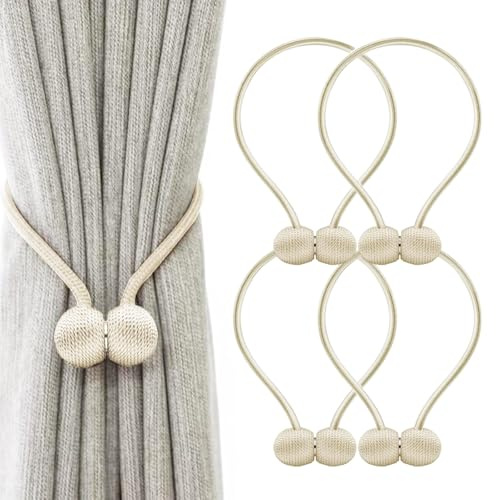Elfinfi 4 Pièces Embrasse pour Rideaux, Embrasse Rideau Pas de Perçage Nécessaire, Embrasse Rideau Magnetique pour la Décoration de la Maison, de la Chambre ou du Bureau (Beige)