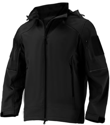 Flyplus Veste softshell imperméable à capuche pour homme - Veste de pluie tactique respirante et coupe-vent avec doublure en polaire, noir, Large