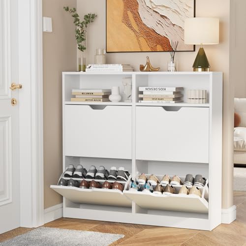 VOWNER Schuhschrank mit 4 Klappen, Schuhregal Schuhkipper Schmal, Schuhschrank Weiss, Schuhablage Verstellbar, 105 x 24 x 100 cm, Mit Fach, Anti-Kipp-Vorrichtung für Eingangsbereich, Flur (Weiss)