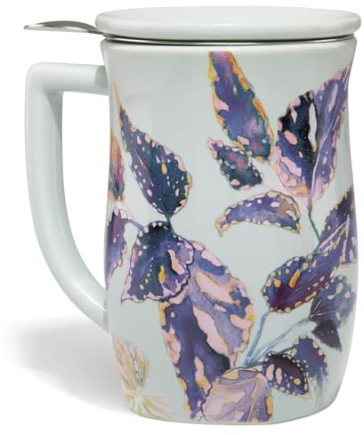 Tea Forte Ceramic Fiore Cup with Handle, Removeable Stainless Steel Infuser Basket and Lid, Steeps 14 oz Loose Leaf Tea, Dishwasher & Microwave Safe, Gifts for Mom, Demoiselle