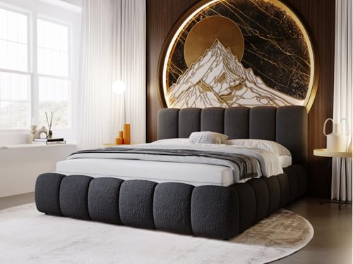 GRAINGOLD Cloud Bett 140x200, Polsterbett mit Bettkasten, Polsterbett mit Stauraum, Bouclé-Stoff, mit Lattenrost, mit Kopfteil, ohne Matratze (Schwarz, 140x200)
