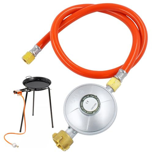 PLLYPE Gasregler Druckminderer 50mbar, 1.5M Gasschlauch mit druckminderer, Schlauch-Regler Set, Gasgrill druckminderer, für Gasgrill Camping Picknicks Grillpartys