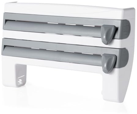 Foil and Cling Film Dispenser, Wall Mount Kitchen Roll Holder with Cutters & Storage Rack, 39 x 24 x 10 cm (Grey)