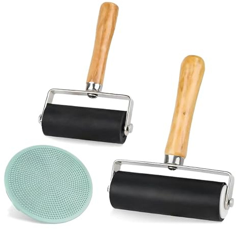 2 Stück Gummi Brayer Roller-6cm,10cm, Gummiwalze, Strukturwalze, Linoldruck Robuste Andrückrolle, Gummi Roller, mit 1 Gravur, für Druckgrafiken, Stempeln, Drucken, Tinten, Tapeten und Kunsthandwerk