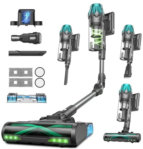 Vexilar V15Max Aspiradora sin Cable 65KPa, Aspiradora Inalámbrica Antienredos, 60 Minutos Autonomía, con Fregado, Depósito de 1,5L, Diseño de Moda, Aspirador Escoba para Suelos/Alfombras/Coche/Pelos