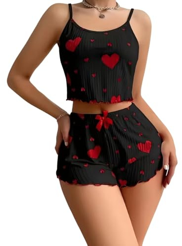 Gatamiau Pijamas Mujer Verano Corto con Estampado de Corazón Camiseta sin Mangas y Pantalones Cortos, Ropa Dormir Sexy Conjunto Pijama Suave (FR/ES, Letras, M, Regular, Regular, Negro+Rojo)