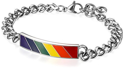 Flongo Partnerarmband, rostfritt stål armband armband armband silver flerfärgad regnbåge ränder gay pride gay pansarkedja kedja partnerarmband män, damer, 20 centimeters, Rostfritt stål