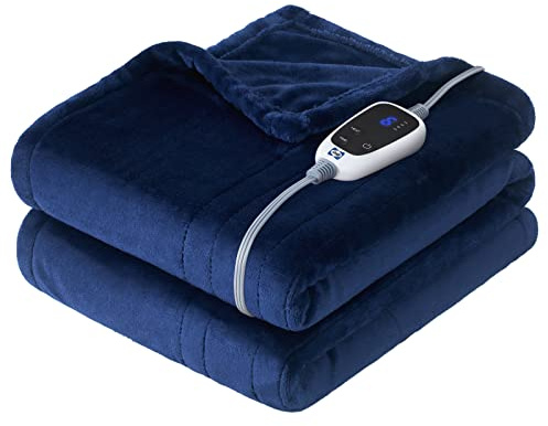 Sealy Electric Blanket Throw, Soft Flannel Heated Blanket with 6 Heat Settings & 2-10 Hours Auto Shut Off, Fast Heating & Machine Washable, 50x60 Inch, Navy