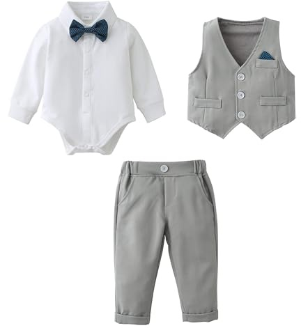 Amissz Completini e Coordinati Gentiluomo per Bambino Battesimo, 3 Pezzi Ragazzino Cerimonia Nozze Abiti Camicia Fiocco + Gilet+Pantaloni (Grigio, 18-24 mesi)