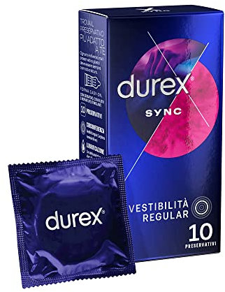 Durex Sync, Preservativi Ritardanti per Lui e con Rilievi e Nervature per Lei, 10 Profilattici con Lubrificante a Lunga Durata