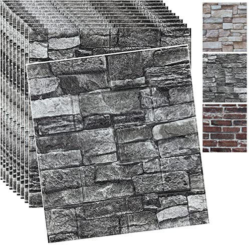 20PCS 3D Wall Panels Peel and Stick 3D Brick Wallpaper Peel and Stick Faux Stone Wall Panel Foam Brick Self-Adhesive Wallpaper (Black 20pcs)