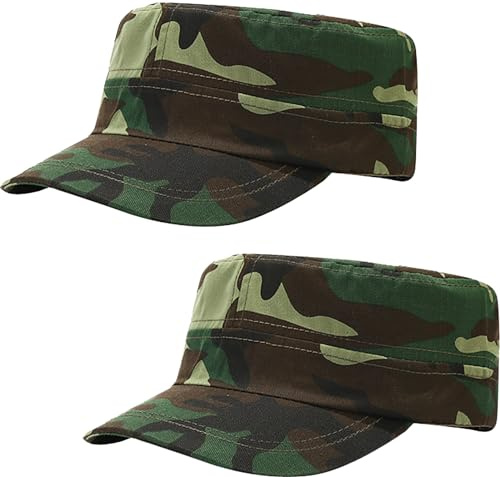 Malaxlx 2 Pack Green Camo Cadet Army Cap Military Hat for Men Women Adjustable Cotton Flat Top