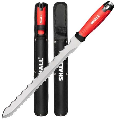 SHALL Insulation Knife, 11 Stainless Steel Blade Insulation Cutter, Dual-sided Serrated Sharp Duct Cutting Tool with Sheath for Heat Material Foam/Rockwool/Styrofoam - Sod Cutter Garden Knife