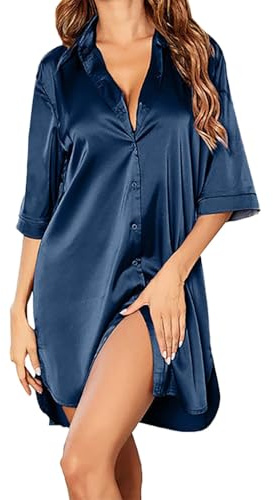 Chemise De Nuit Femme Ete à Manches Courtes pour Femmes, Chemise de Nuit Douce et décontractée, Pyjama avec Poche Robe Nuisette Dentelle Robe T-Shirt Femme Longue (Navy, XXXL)