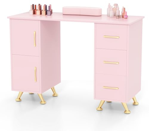GYMAX Tavolo da Manicure, Stazione Tavolo per Tecnico Unghie, Cuscino per Polso, 8 Gambe in Metallo, 3 Cassetti e 2 Armadi, Stazione di Lavoro in Legno per Arte Unghie per Salone di Bellezza (Rosa)
