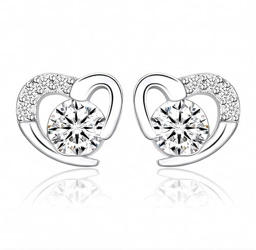 DOETYD 1 Pair 2PCS Silver White Gold Hypoallergenic Cubic Zirconia Heart Stud Earrings for Women,Birthday Jewellery Gift for Women,Girls,White Stone