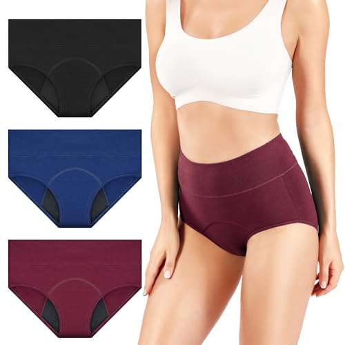 RFOGJV Period Pants for Women Heavy Flow High Waist Leakproof Menstrual Period Underwear Mesh Breathable Extra Protective Postpartum Panties Pack of 3,Black&Blue& Red,XL