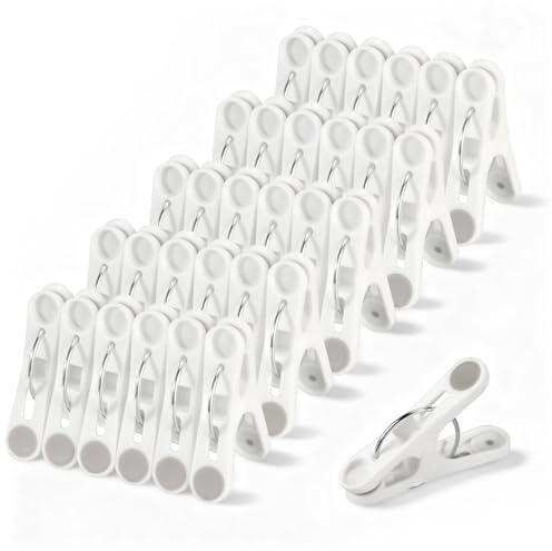 Romon Mollette, 30 Pezzi Bucatos Clip Porta Esterno Plastica per Telo da Spiaggia, Bianco Plastica Clothes Pegs con Silicone Antiscivolo, Antivento Lavanderia Pioli per Asciugamani Lenzuola Vestiti