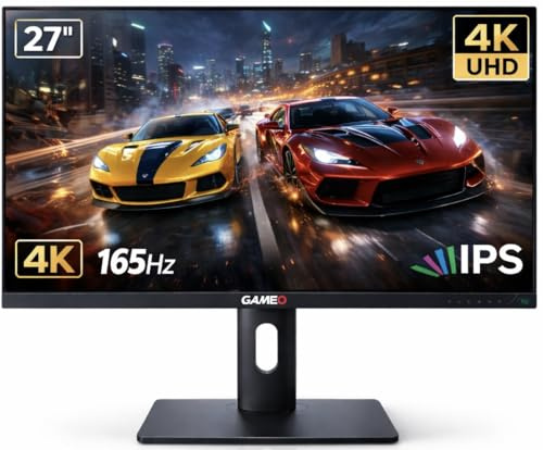 GAMEO 27 Inch Gaming Monitor, 4K UHD 3840×2160 165Hz, Fast IPS Computer Monitor, 1ms MPRT, HDR ready, 100% sRGB, Adaptive Sync, HDMI 2.1 & DP 1.4, Height Adjustable, VESA 100x100, G Series 27UHD165IPS