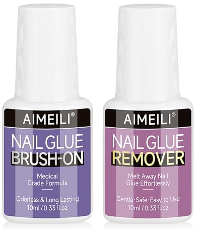 AIMEILI Colla e Solvente Unghie Finte 2 x 10ml Colla per Unghie Finte Senza Lampada e Dissolvente Nail Glue and Remover per Salone Casa