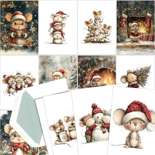 Juego de 30 tarjetas de Navidad con 15 bonitos diseños de ratones navideños con sobres
