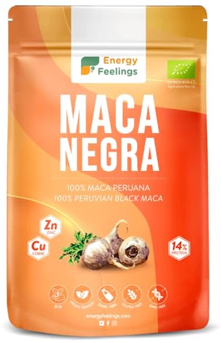 Energy Feelings Maca Negra en Polvo Peruana 500g, Potencia Energía y Vitalidad Íntimas, Maca Negra Pura Andina, Vegana, Sin Gluten, Orgánica, Rica en Proteínas, Hierro y Zinc