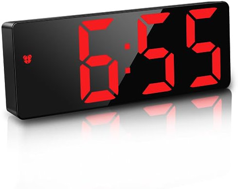 JQGo Alarm Clock Digital Battery Powered, LED Travel Alarm Clocks Beside Mains Powered Non Ticking with Snooze Temperature Date Time Brightness Adjustable for Kids Adults (Red)