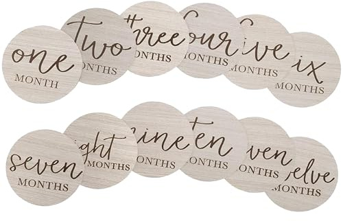 Little Pear Wooden Milestone Photo Cards - Double-Sided Baby Announcement Discs, Ideal Photo Prop for Monthly Pregnancy Journey and Baby Milestones, 1-12 Months, Gray Wood