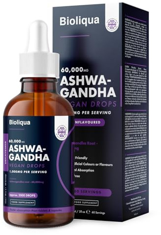 Ashwagandha Supplement Liquid Drops - High Strength of 60,000mg per 60ml Bottle at 4X Concentration - Vegan - 2 Month Supply of Premium Ashwagandha Extract - 60 Servings - Made in UK by Balance