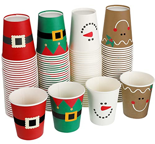 Funtery 100 Pieces Christmas Paper Cups Xmas Disposable Coffee Cups Snowflake Santa Snowman Elk Lights Christmas 9 Ounce Drinking Tea Paper for Daily Use Holiday (Bright Style)