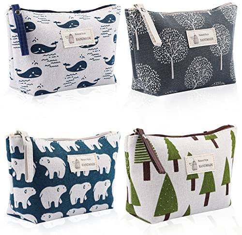 4 Pezzi Borsa Cosmetica in Tela, Borsa Trucchi Stampate Pochette Donna da Borsa Multifunzionale Portatile Borsa da Viaggio con Cerniera per Regali Natale Donna Bambina Viaggi e Deposito