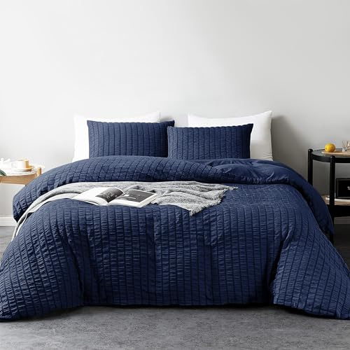 Min hembutik Seersucker Navy dubbelt påslakanset med 2 örngott – mjukt andningsbart 3 st påslakan polyester bomull bäddset