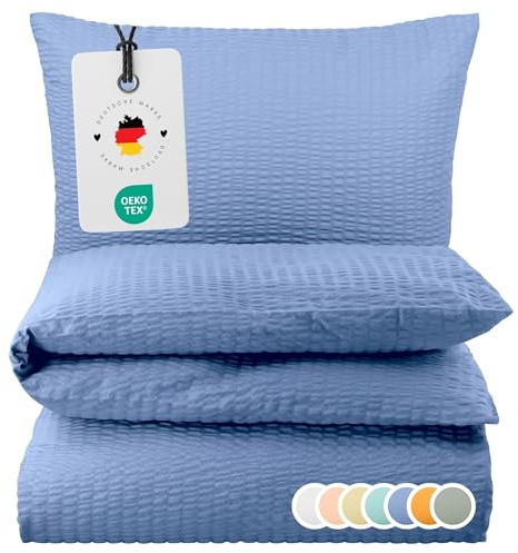 Carpe Sonno Seersucker Bettwäsche 155x220 Baumwolle [Bügelfrei] | Leicht kühlende 155x220cm Bettwäsche Seersucker mit Reißverschluss | Uni Sommer Bettbezug 155x220 | Sommerbettwäsche einfarbig Blau