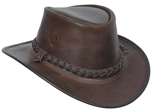Cappello originale australiano Bush in vera pelle stile cowboy nero marrone, Marrone, XXL
