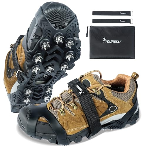 SYOURSELF Ice Cleats, Crampons Ice Cleats for Shoes and Boots Women Men Kids, Non Slip Grippers Spikes for Shoes with Straps, Ice Traction Cleats for Snow and Ice, Hiking, Walking, Fishing, Climbing