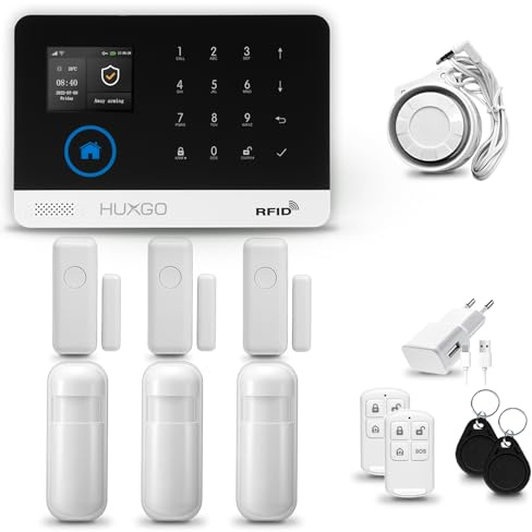 HUXGO® HXA003 Alarme Maison sans Fil WiFi + GSM 4G avec Sirène | Système d'alarme Domestique avec 3X détecteurs de Mouvement, 3X capteurs de Porte | Alarme sans Fil avec TUYA App.