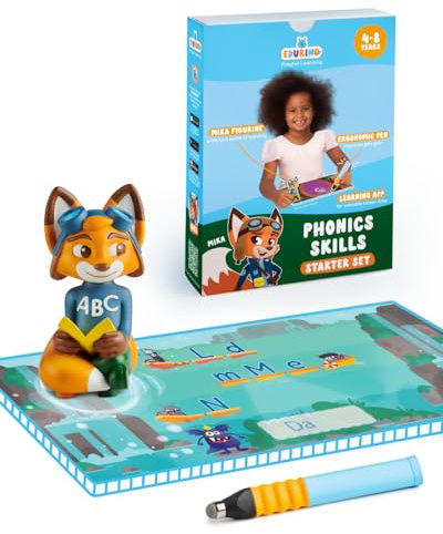 Edurino Mika Starter Set - Phonic Skills, Recognising & Writing Letters Correctly, Identifying Letter Sounds for Kids 4+, incl. 1 x Mika Figurine, Ergonomic Pen and App Access, Handwriting Practice