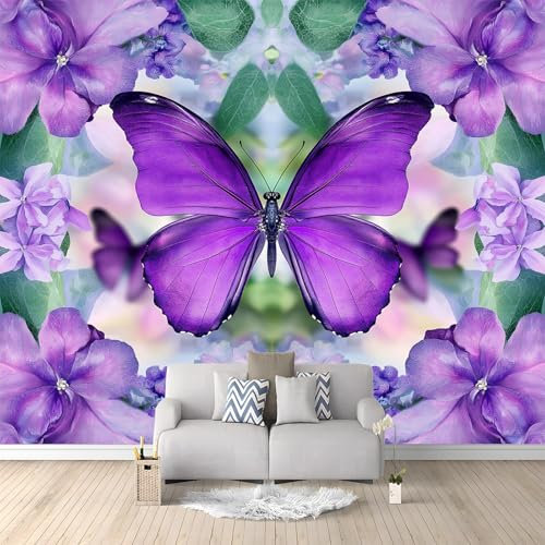 3D Vliestapete Lila Schmetterling Blumen 200x140 cm Fototapete, Wanddeko, Wandbild, Wandtapete, Vlies Tapete, Wohnzimmer Schlafzimmer Büro Flur Wand Dekoration